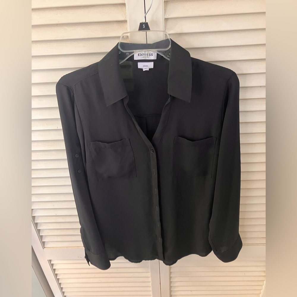 Express Sheer Button-Up V Neck Blouse